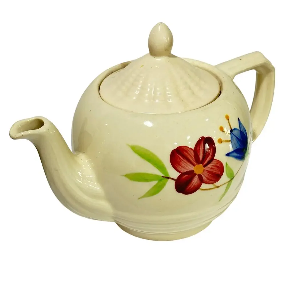 Vintage USA Shawnee Teapot creamy white ceramic & hand painted floral design